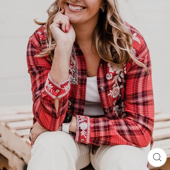 NWT Johnny Was Oversized Roma Button Down Plaid Embroidered Tunic Shirt - Picture 6 of 16